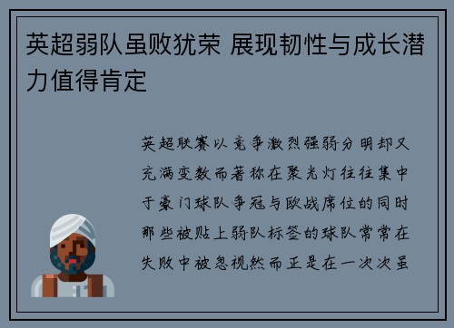 英超弱队虽败犹荣 展现韧性与成长潜力值得肯定