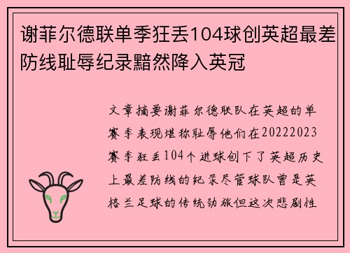 谢菲尔德联单季狂丢104球创英超最差防线耻辱纪录黯然降入英冠